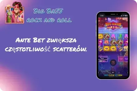 Mobilna gra Big Bass Rock and Roll z Ante Bet zwiększającym częstotliwość scatterów.
