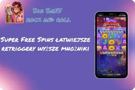 Mobilna gra Big Bass Rock and Roll z Super Free Spins, łatwiejszymi retriggerami i wyższymi mnożnikami.