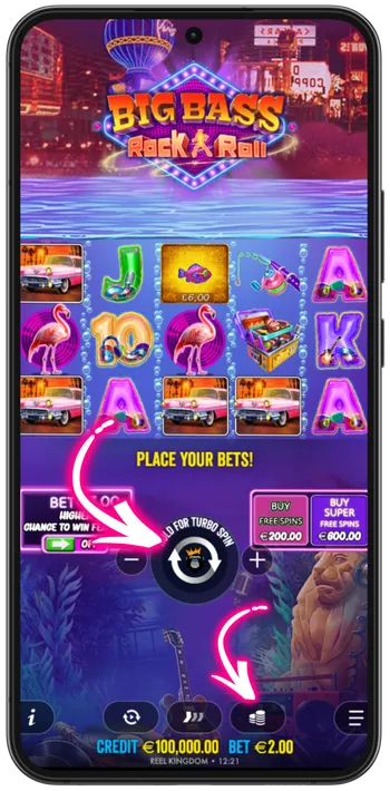 Big Bass Rock and Roll slot game menu with bet settings